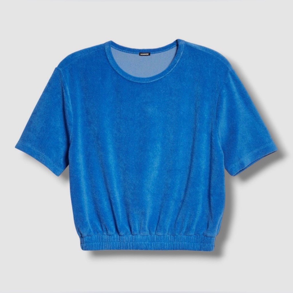 Monrow Women Terry Cloth Crop Top Tee Cerulean Nwt Size Xxs $98 Msrp Nwt